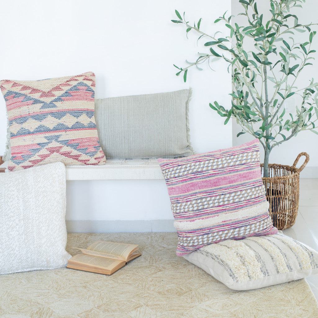 Set of Two Pink Striped Cotton Throw Pillow With Fringe