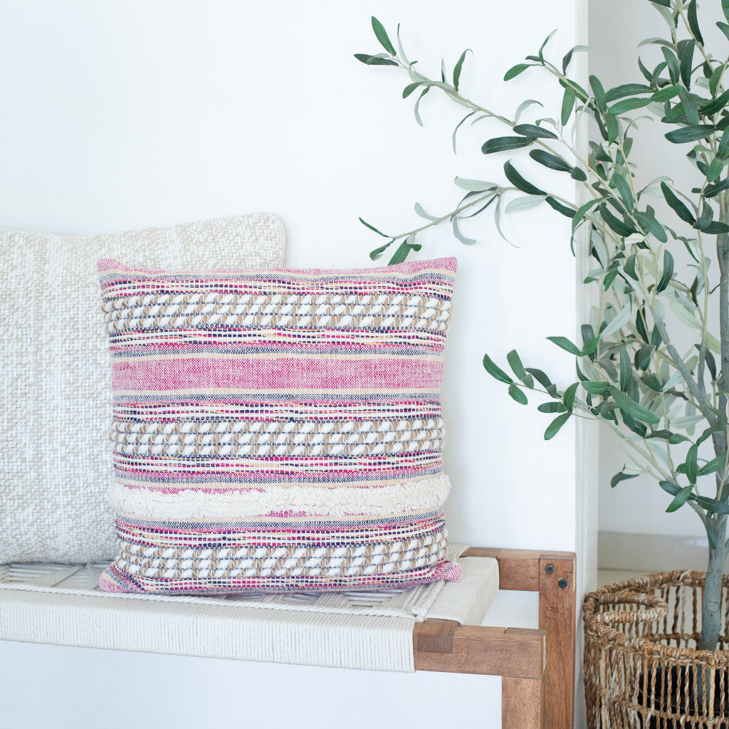 Set of Two Pink Striped Cotton Throw Pillow With Fringe