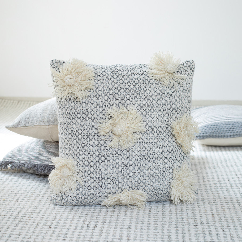 Set of Two Gray and Ivory Floral Cotton Throw Pillow With Fringe