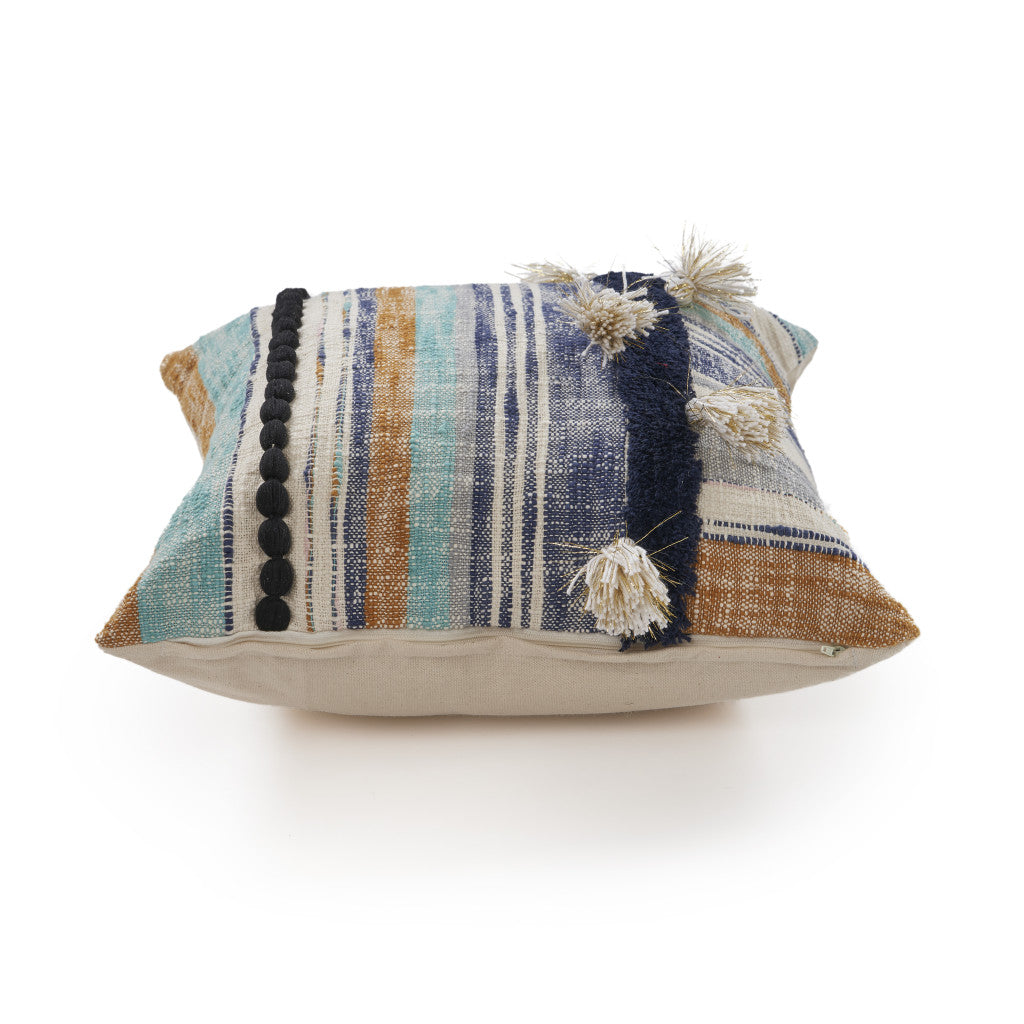 Set of Two Blue Striped Cotton Throw Pillow With Tassels