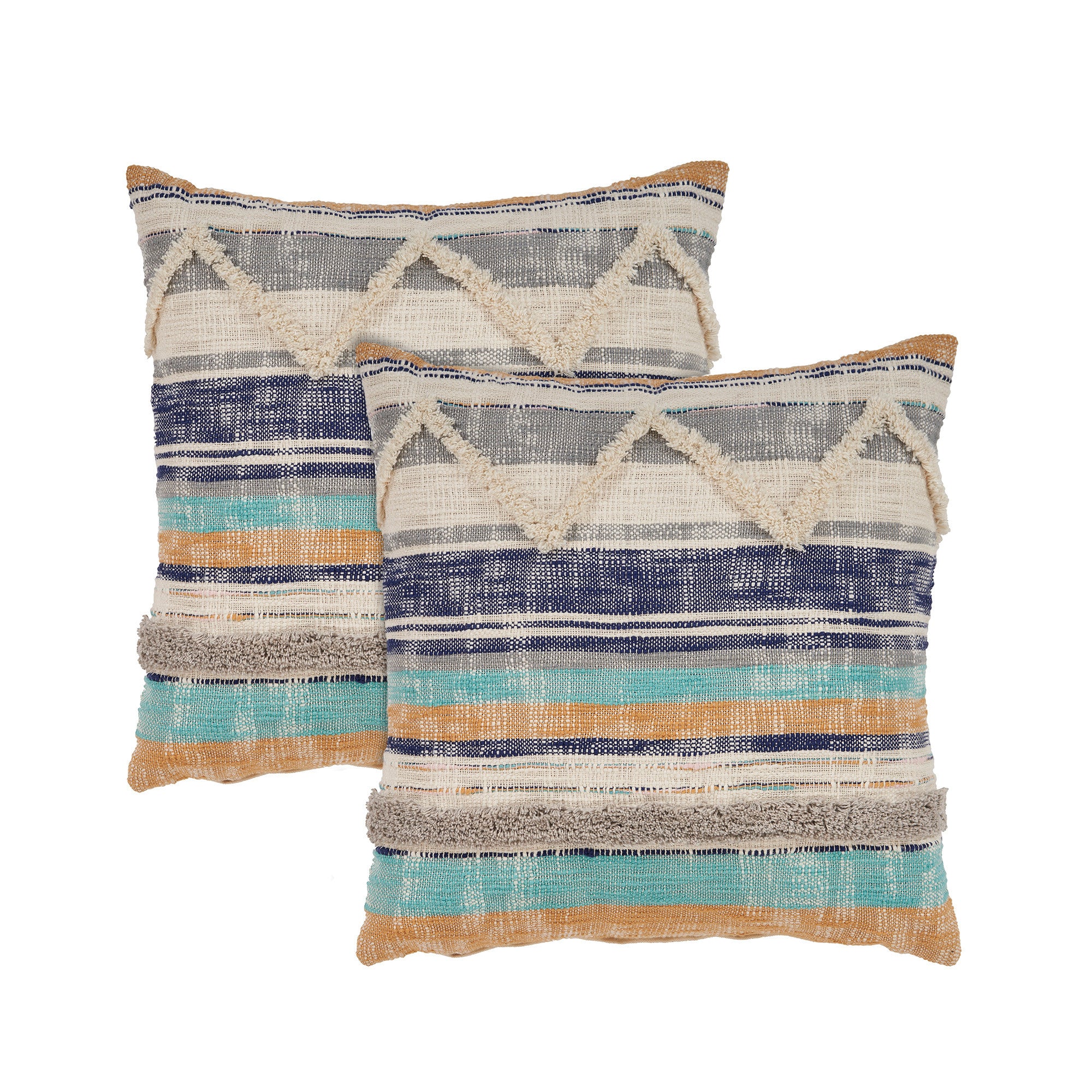 Set of Two Blue Striped Cotton Throw Pillow With Fringe