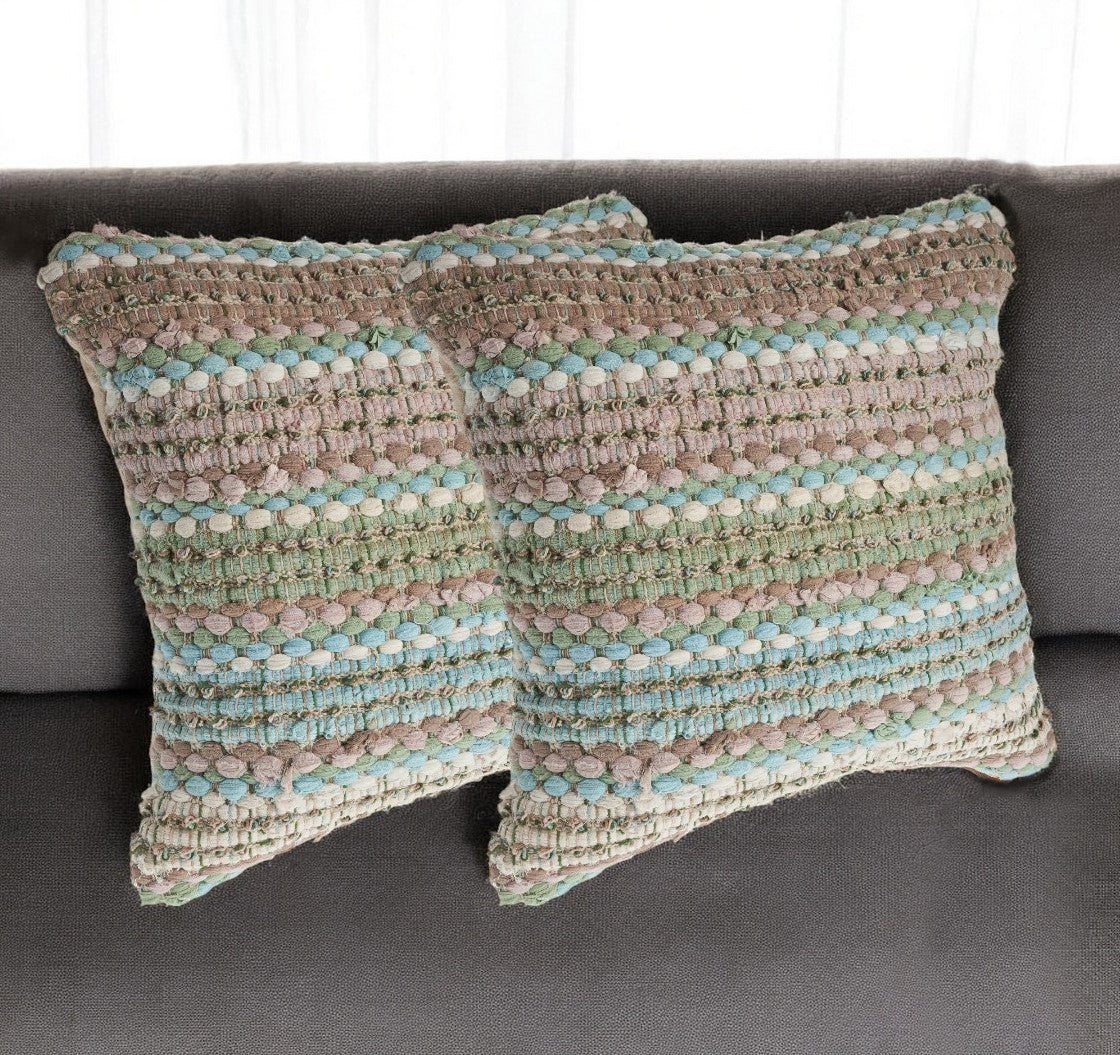 Set of Two 18" Beige Blue and Green Striped Cotton Blend Throw Pillows