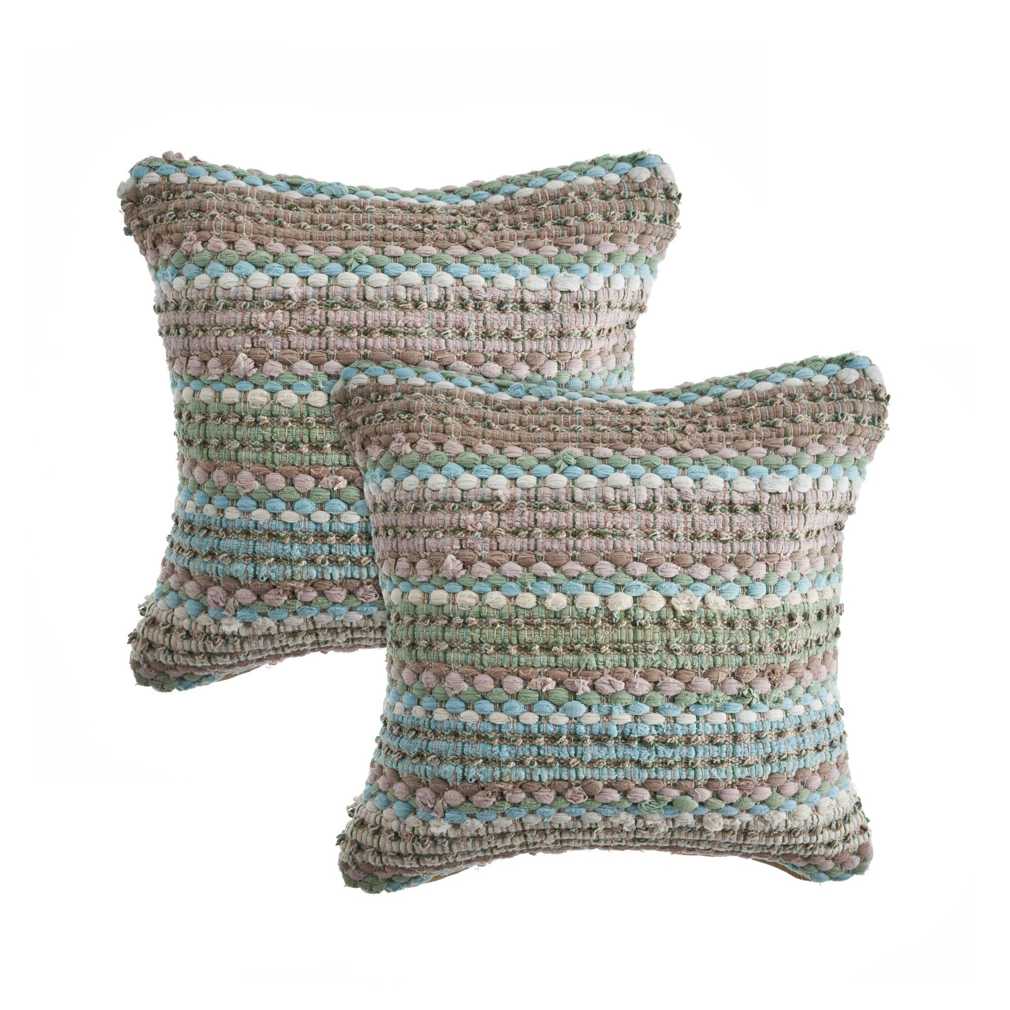 Set of Two 18" Beige Blue and Green Striped Cotton Blend Throw Pillows