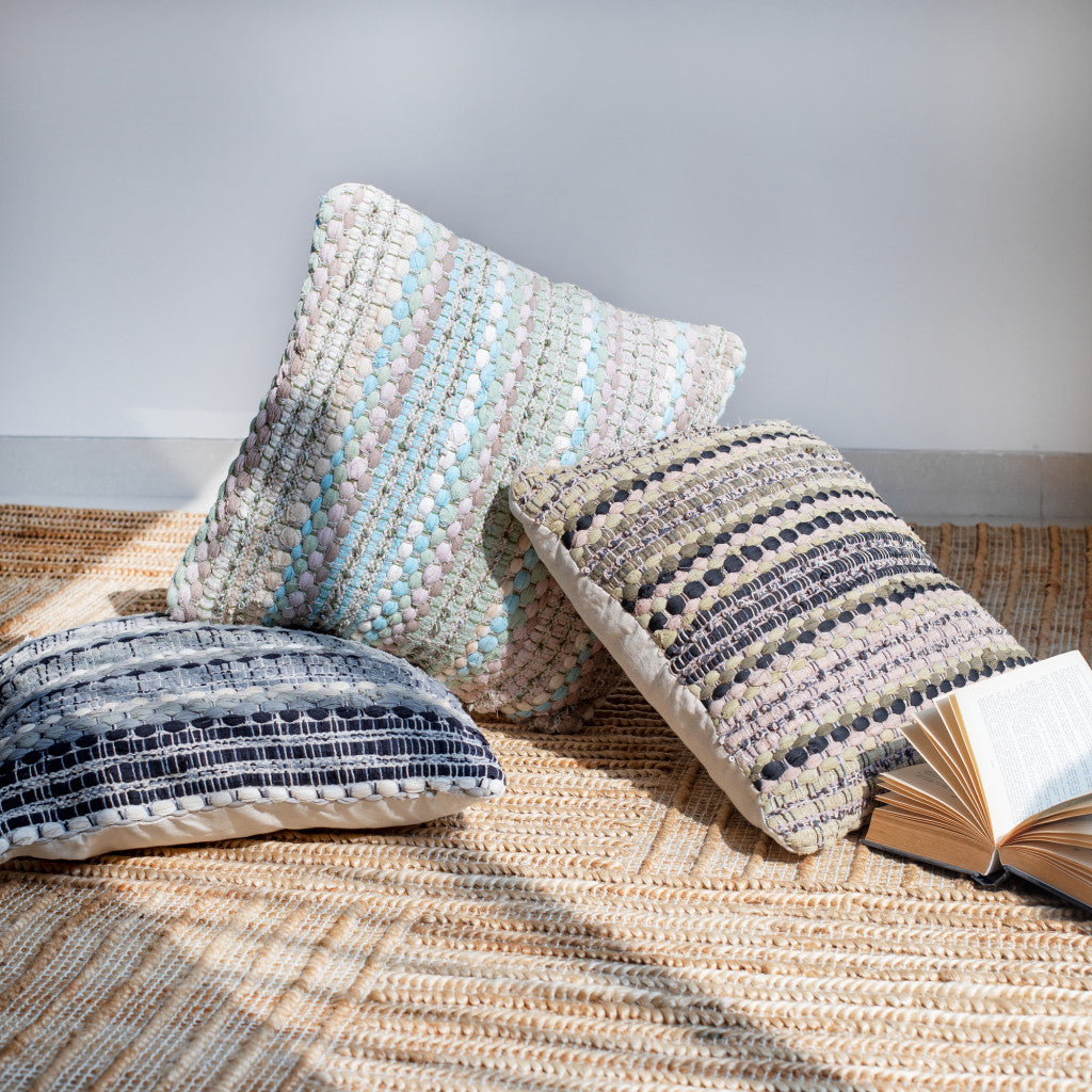 Set of Two 18" Beige Blue and Green Striped Cotton Blend Throw Pillows