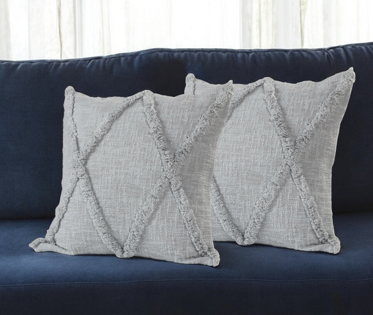 Set of Two Dark Gray Diamond Cotton Throw Pillow With Fringe