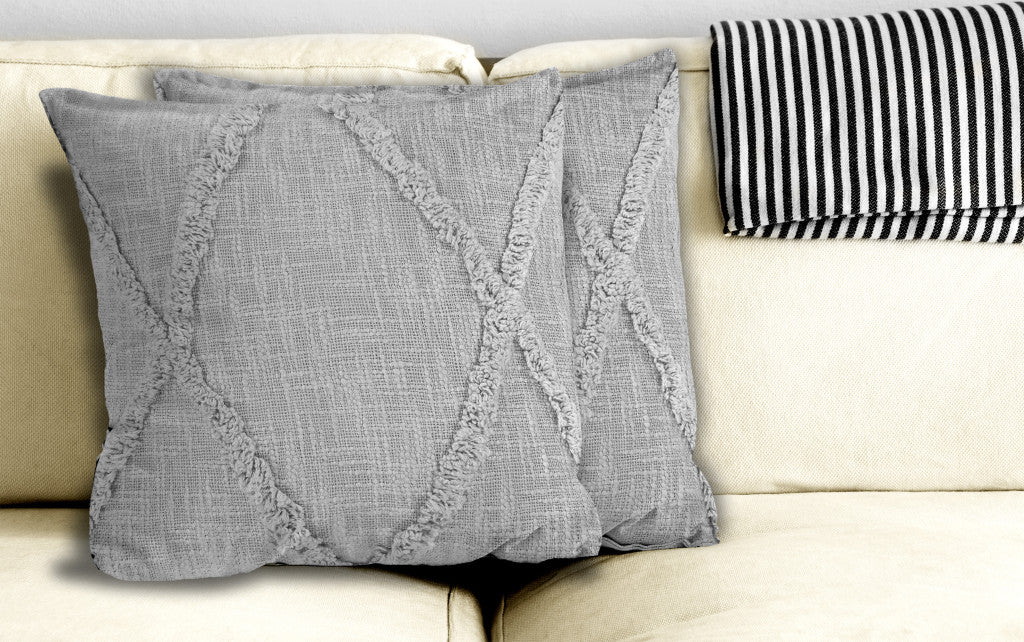 Set of Two Dark Gray Diamond Cotton Throw Pillow With Fringe