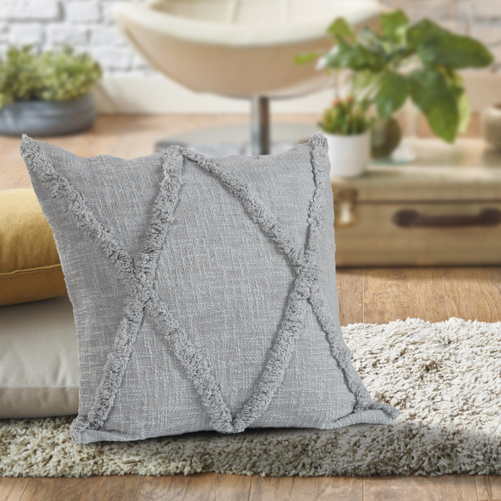 Set of Two Dark Gray Diamond Cotton Throw Pillow With Fringe