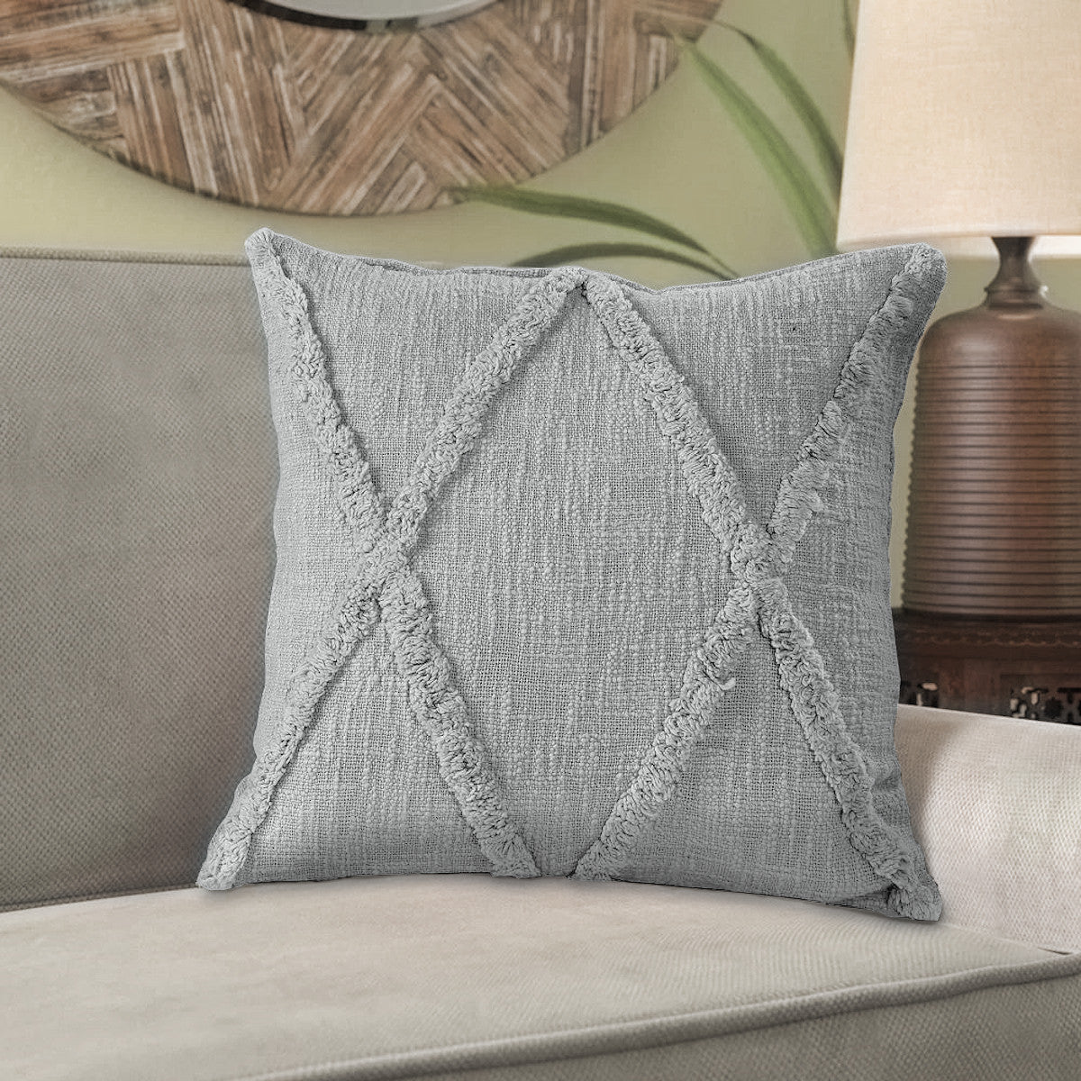 Set of Two Dark Gray Diamond Cotton Throw Pillow With Fringe