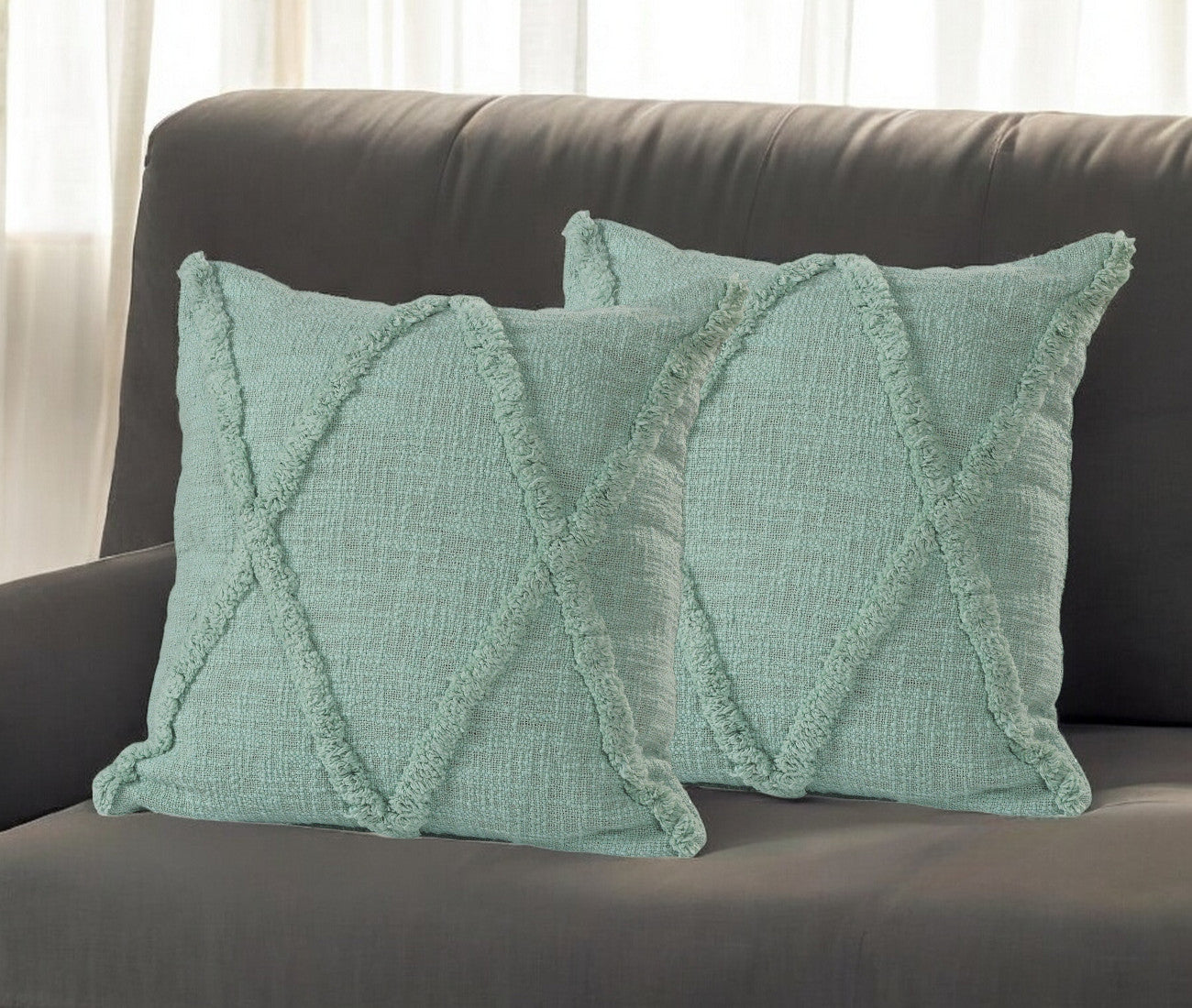 Set of Two Dark Gray Diamond Cotton Throw Pillow With Fringe