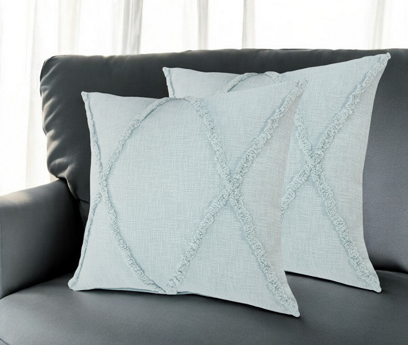 Set of Two Dark Gray Diamond Cotton Throw Pillow With Fringe