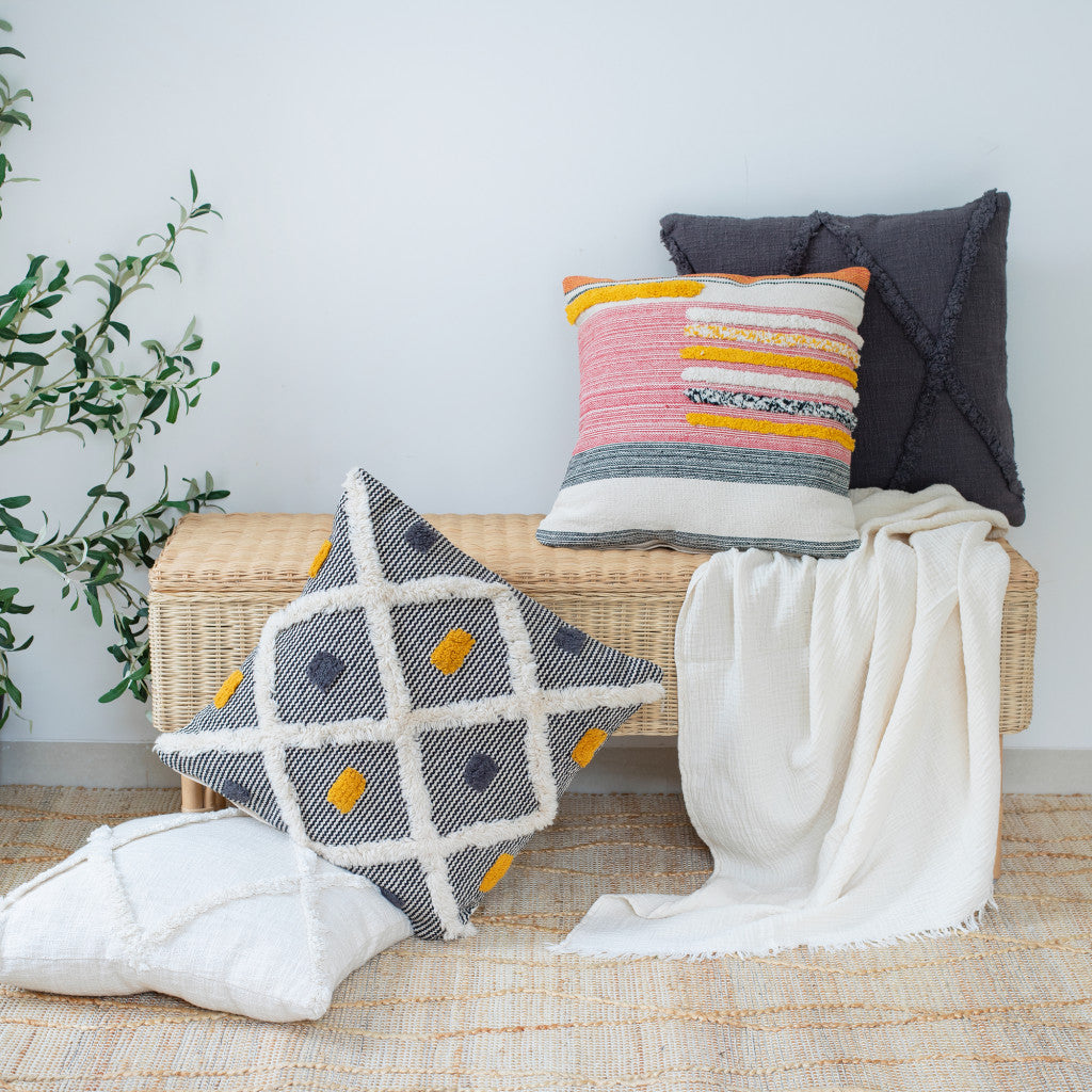 Set of Two Black and Yellow Striped Cotton Throw Pillow With Fringe