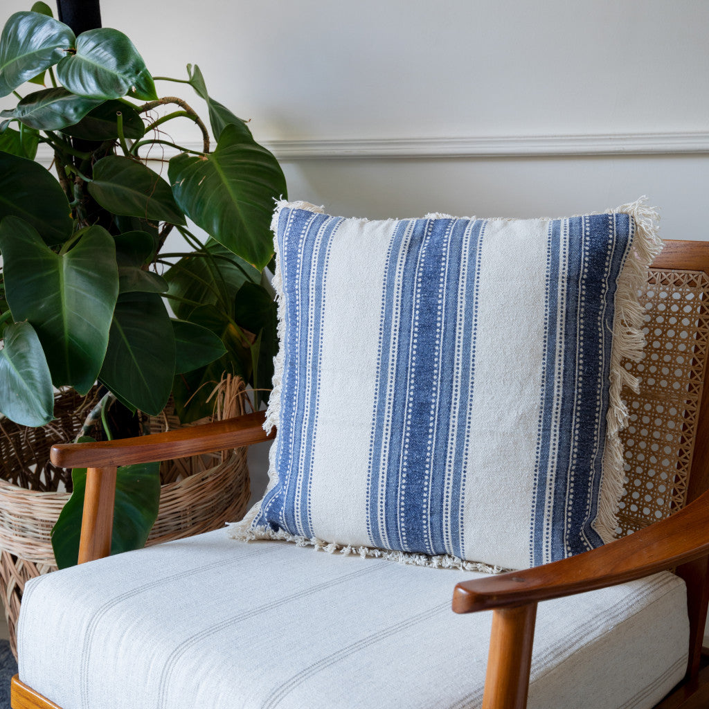 Set of Two Blue and Cream Striped Cotton Throw Pillow With Fringe