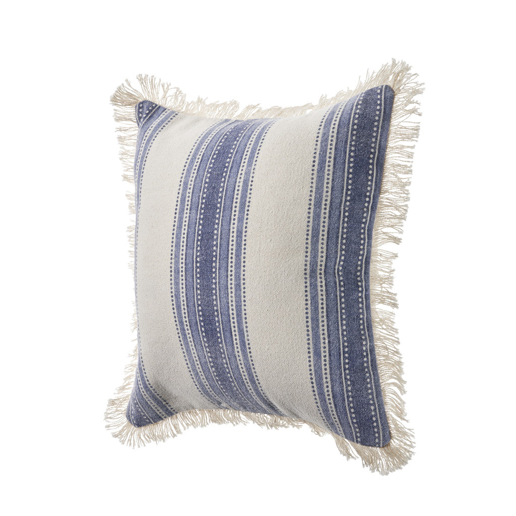 Set of Two Blue and Cream Striped Cotton Throw Pillow With Fringe