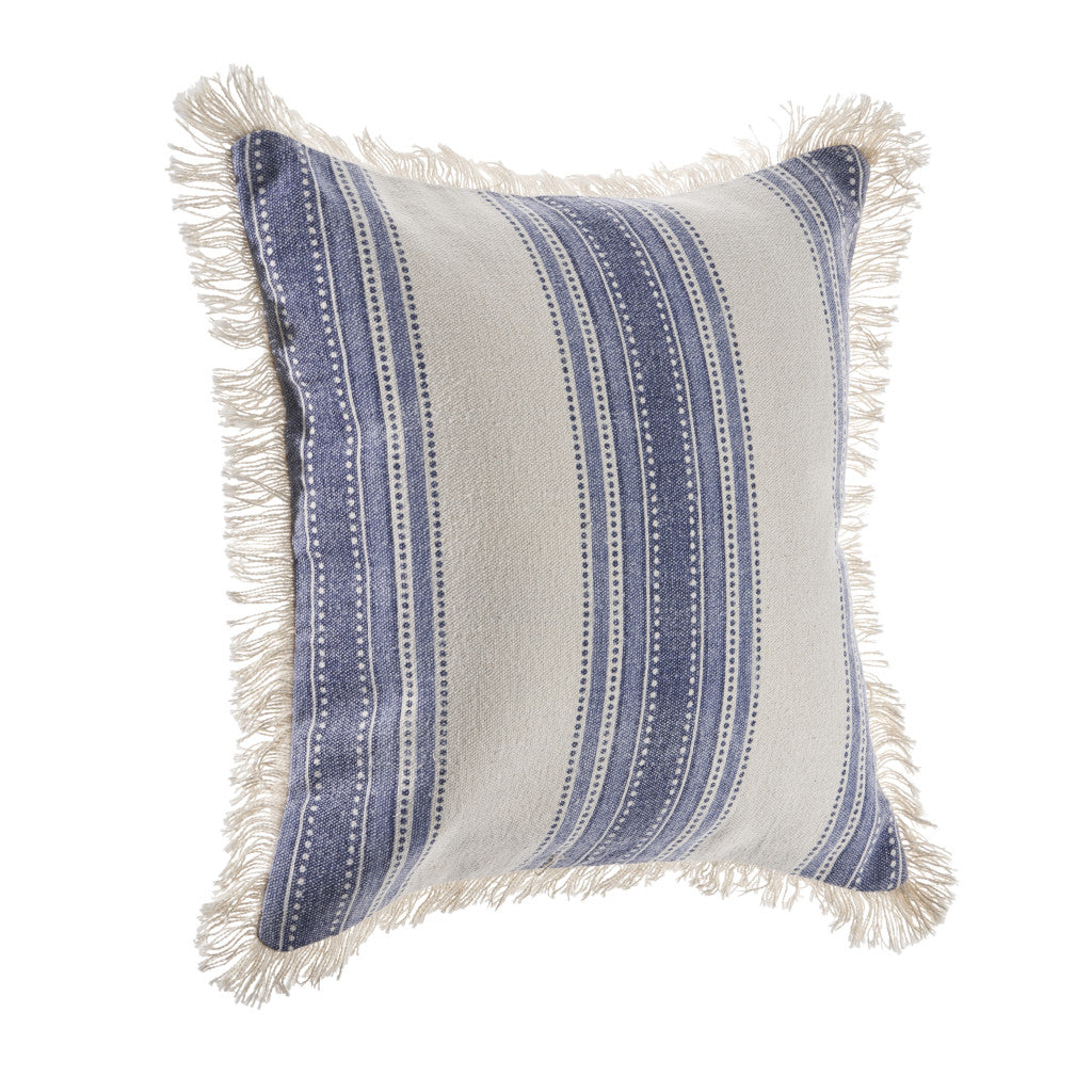 Set of Two Blue and Cream Striped Cotton Throw Pillow With Fringe