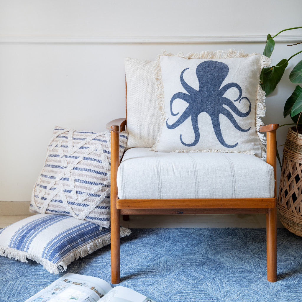 Set of Two Blue and Cream Striped Cotton Throw Pillow With Fringe