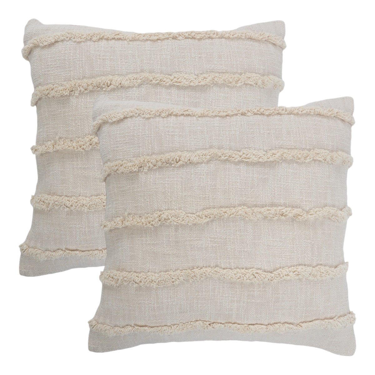 Set of Two Beige Ribbed Cotton Throw Pillow With Fringe