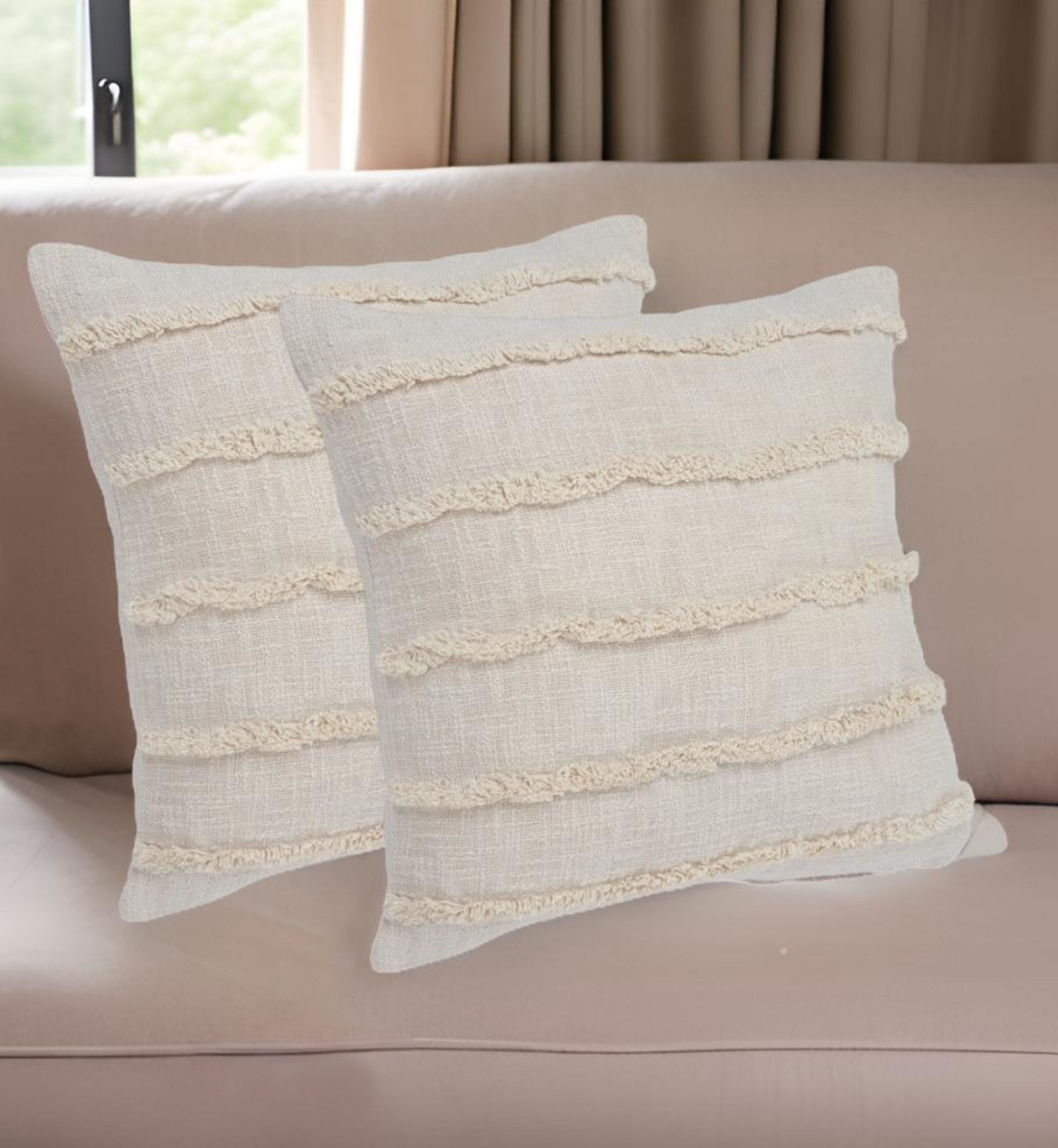 Set of Two Beige Ribbed Cotton Throw Pillow With Fringe