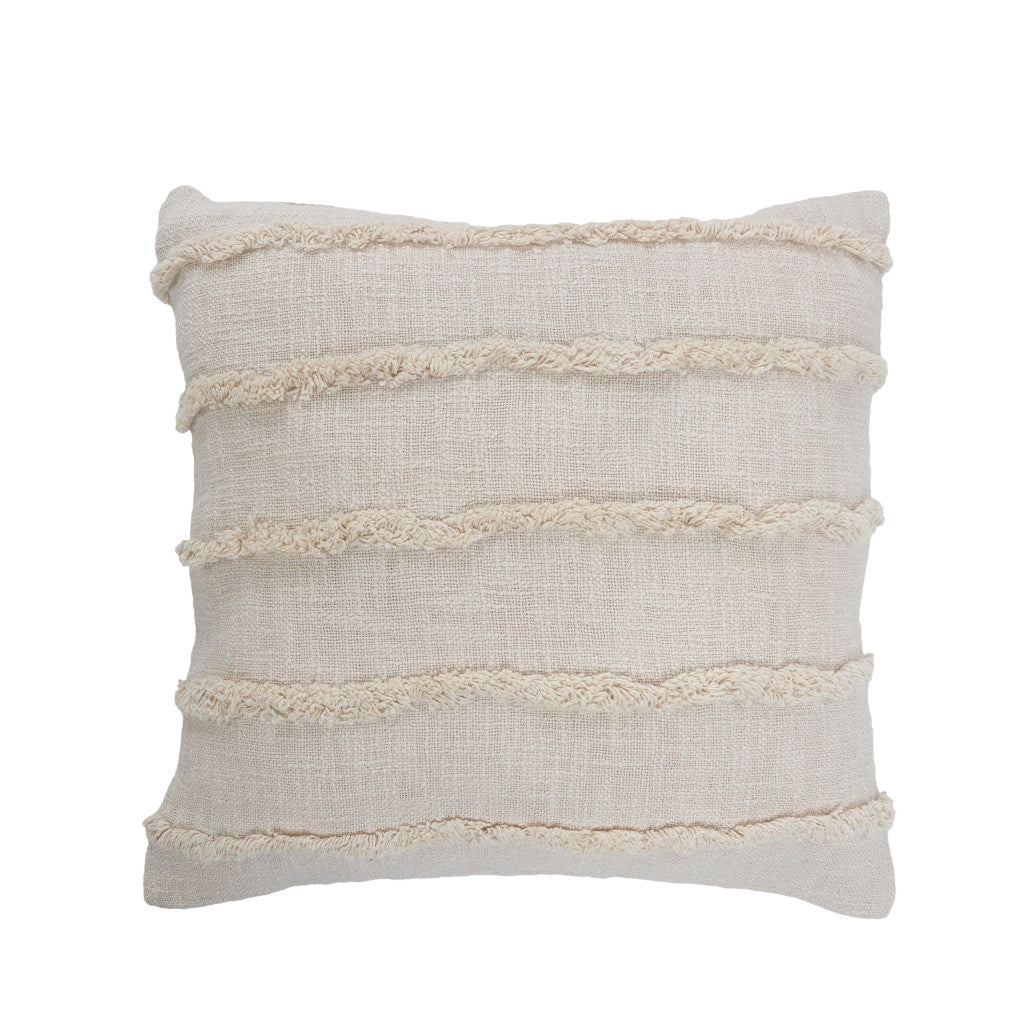 Set of Two Beige Ribbed Cotton Throw Pillow With Fringe