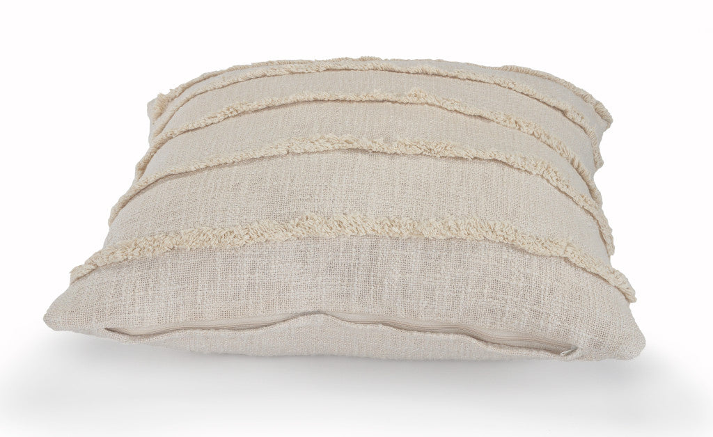 Set of Two Beige Ribbed Cotton Throw Pillow With Fringe