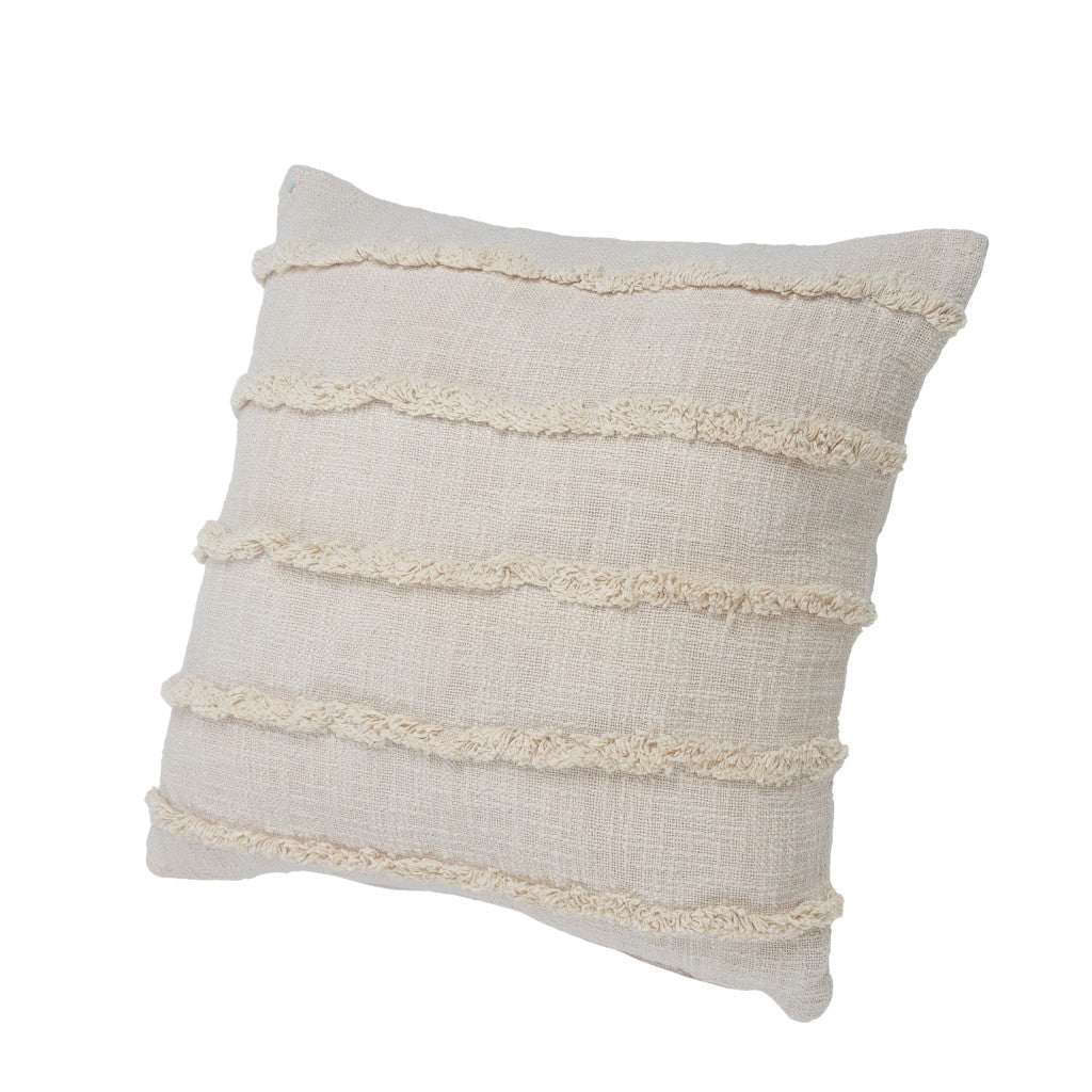 Set of Two Beige Ribbed Cotton Throw Pillow With Fringe