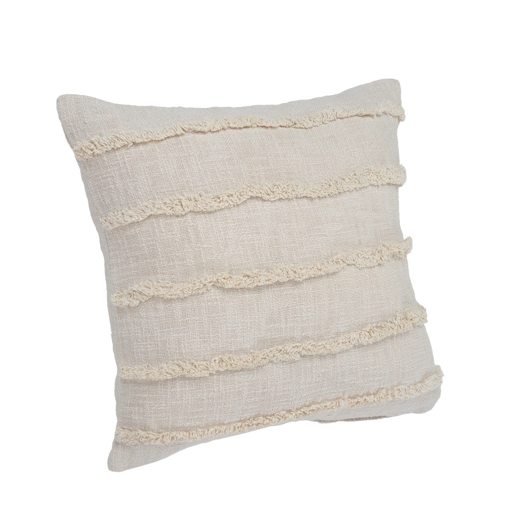 Set of Two Beige Ribbed Cotton Throw Pillow With Fringe