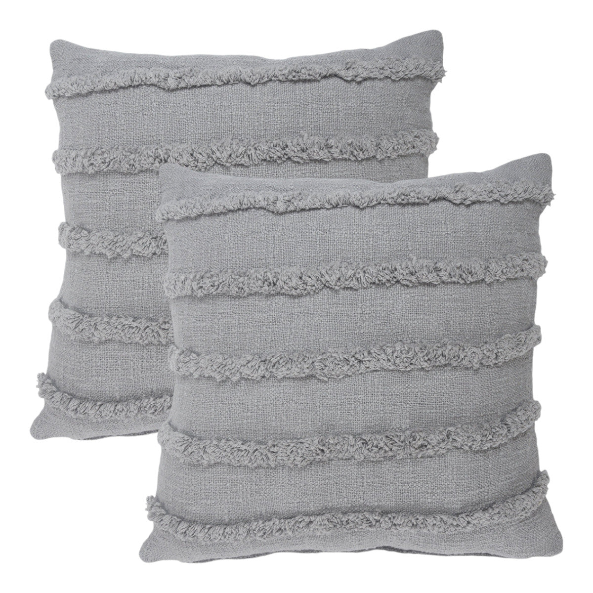 Set of Two Gray Ribbed Cotton Throw Pillow With Fringe