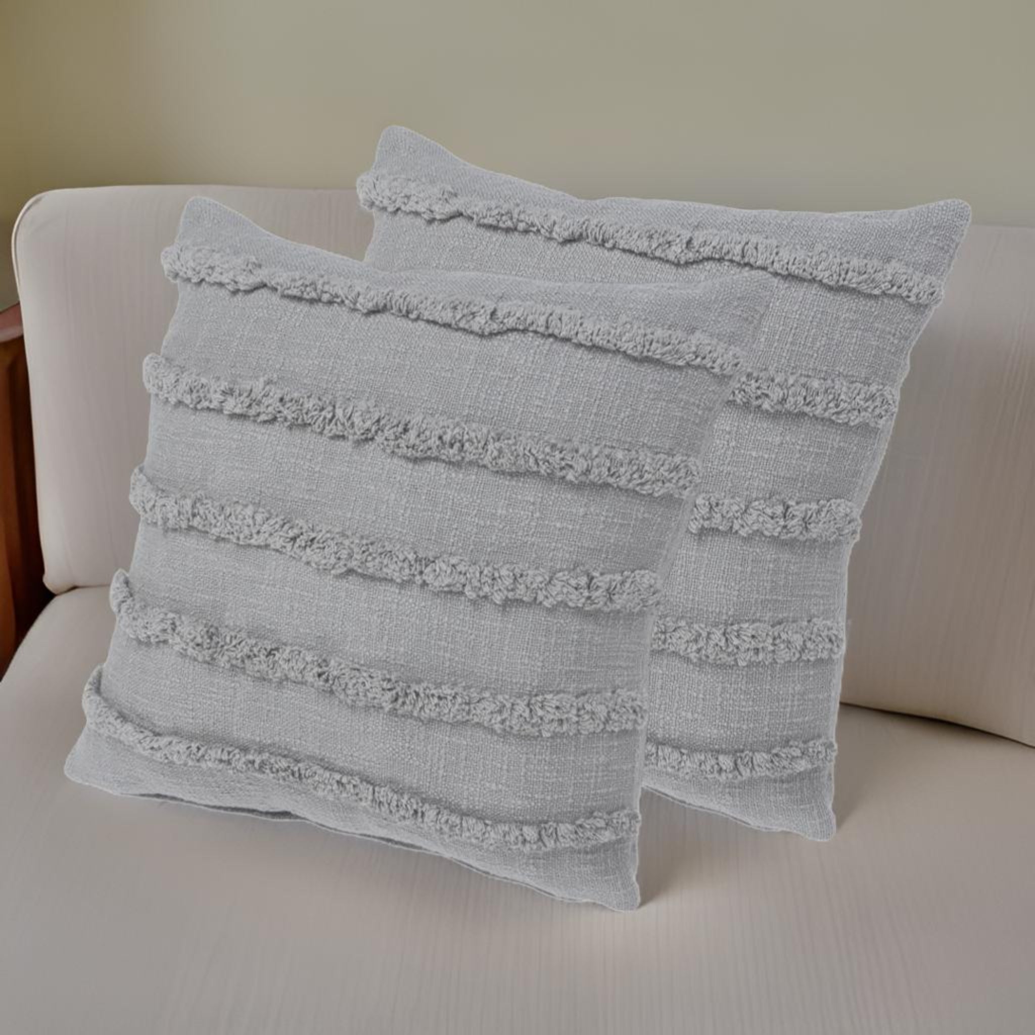 Set of Two Beige Ribbed Cotton Throw Pillow With Fringe