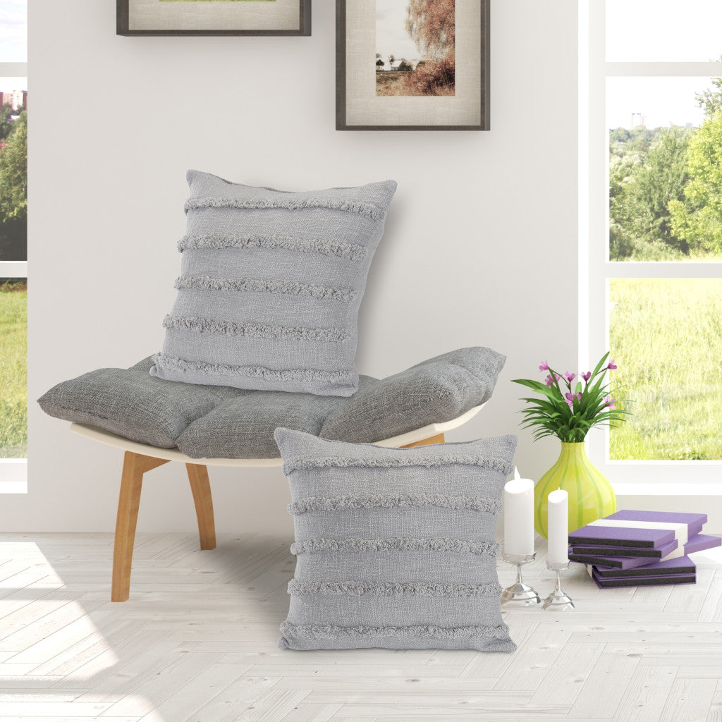 Set of Two Gray Ribbed Cotton Throw Pillow With Fringe