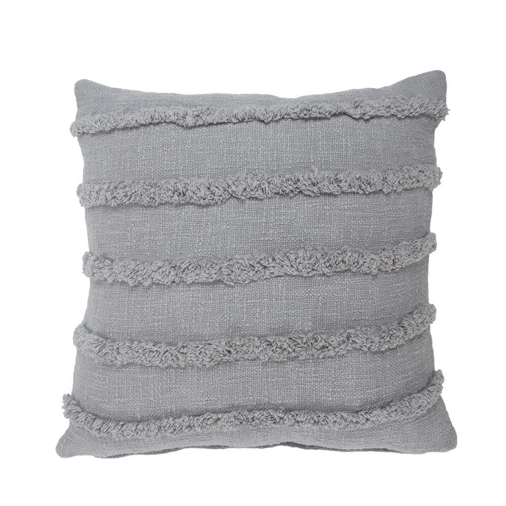 Set of Two Gray Ribbed Cotton Throw Pillow With Fringe