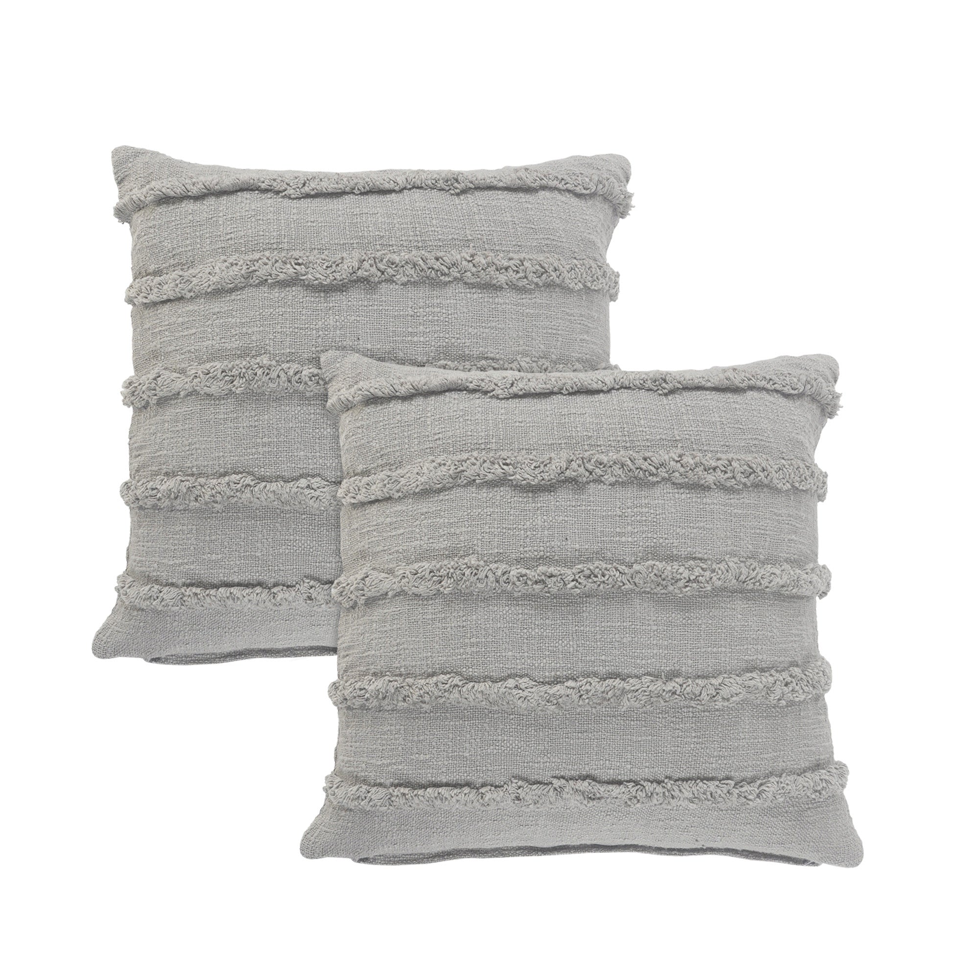 Set of Two Gray Ribbed Cotton Throw Pillow With Fringe