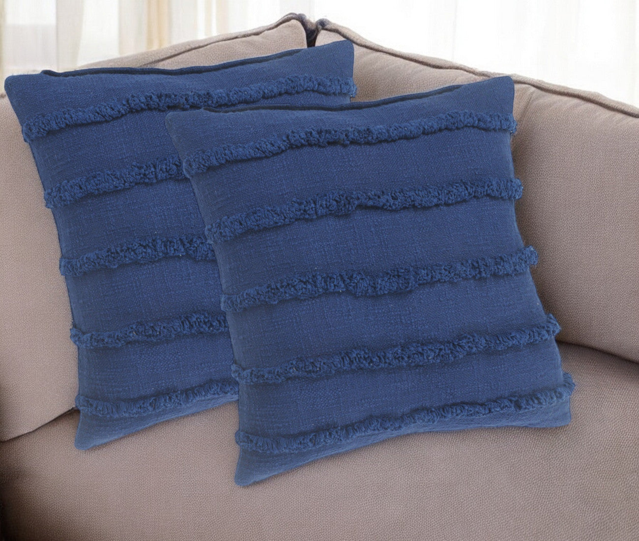 Set of Two Blue Ribbed Cotton Throw Pillow With Fringe