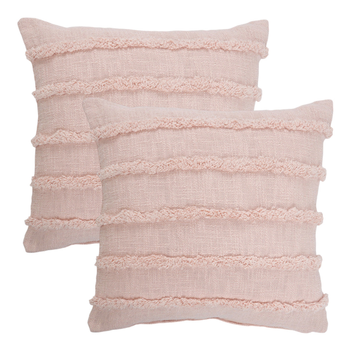 Set of Two Beige Ribbed Cotton Throw Pillow With Fringe