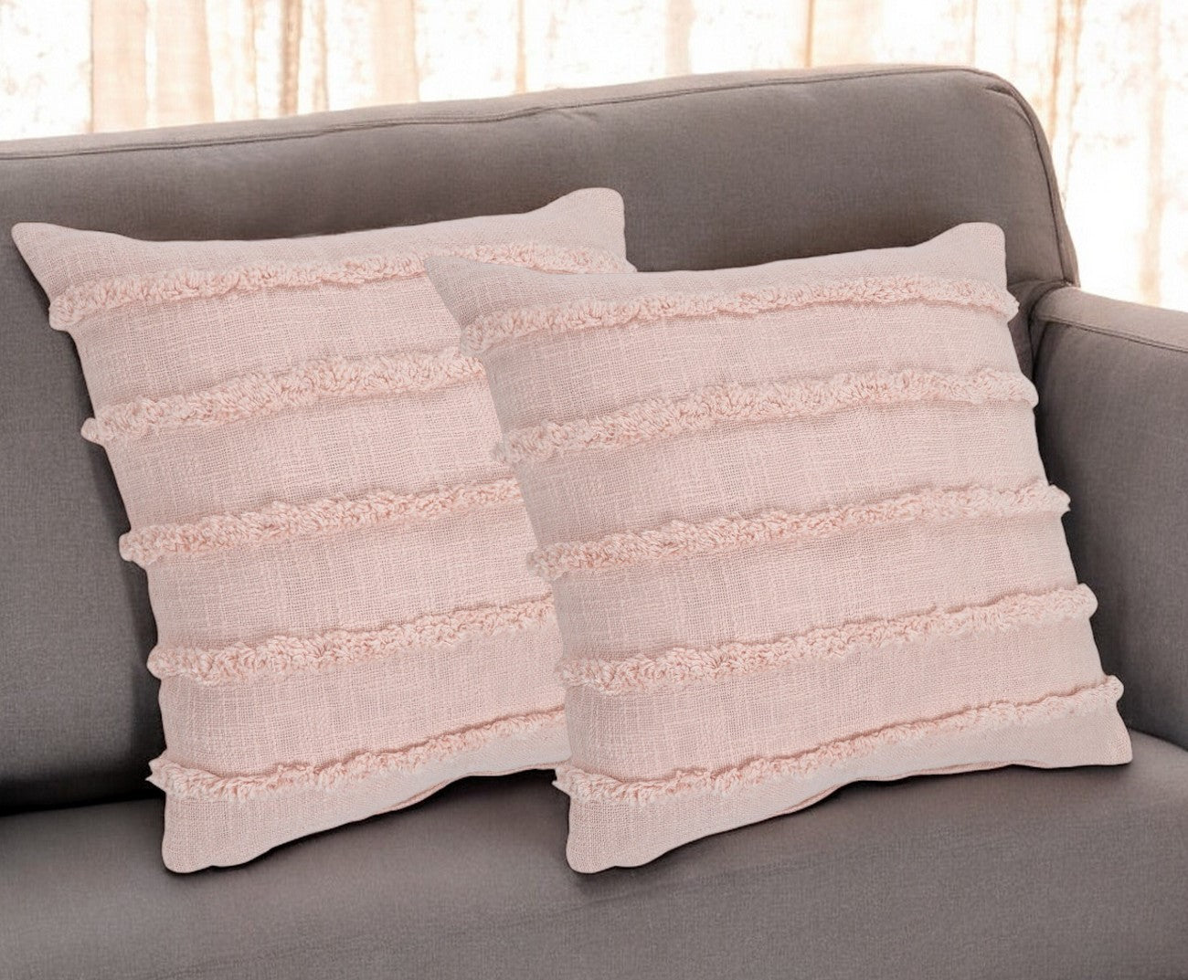 Set of Two Beige Ribbed Cotton Throw Pillow With Fringe