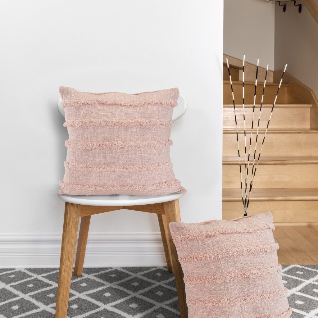 Set of Two Gray Ribbed Cotton Throw Pillow With Fringe