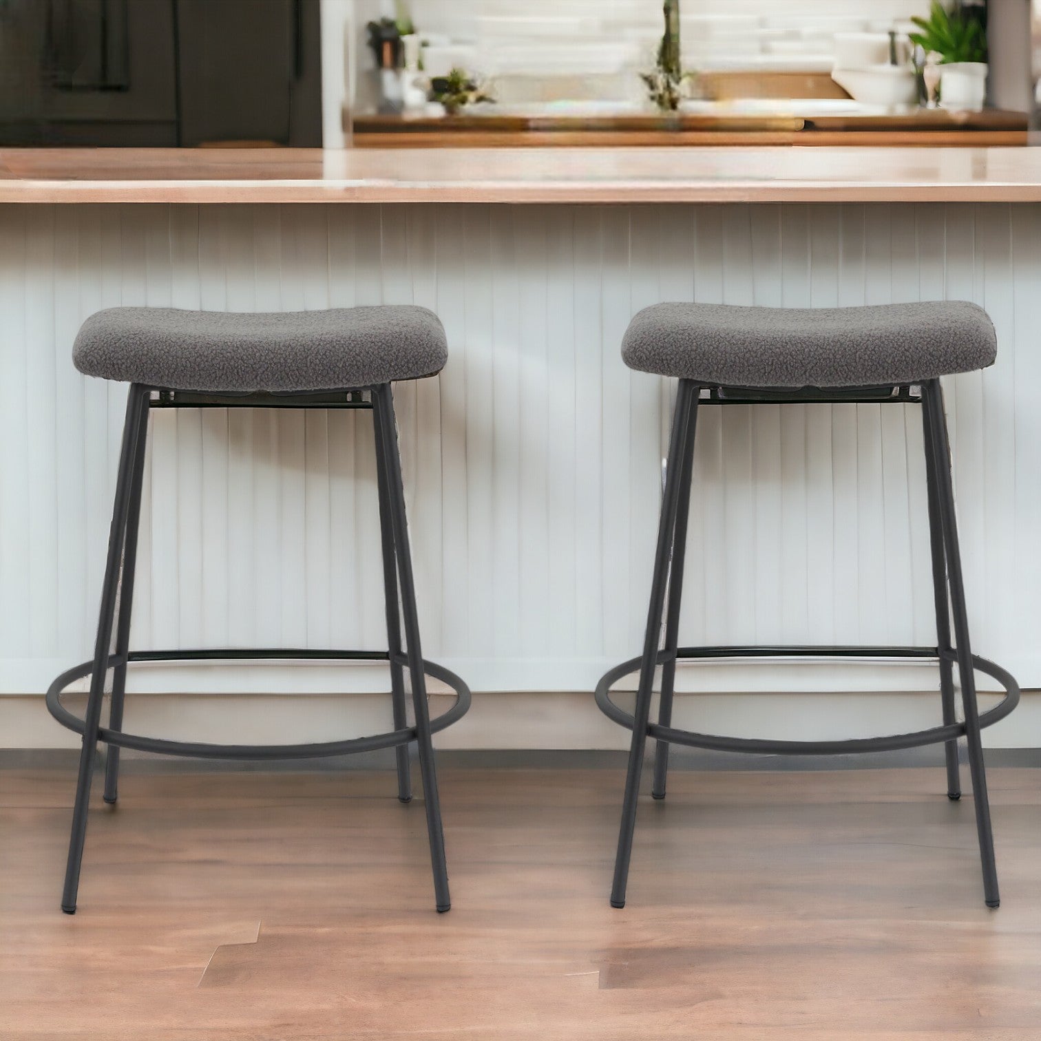 Set of Two 26" Gray And Black Faux Sherpa And Metal Backless Counter Height Bar Chairs