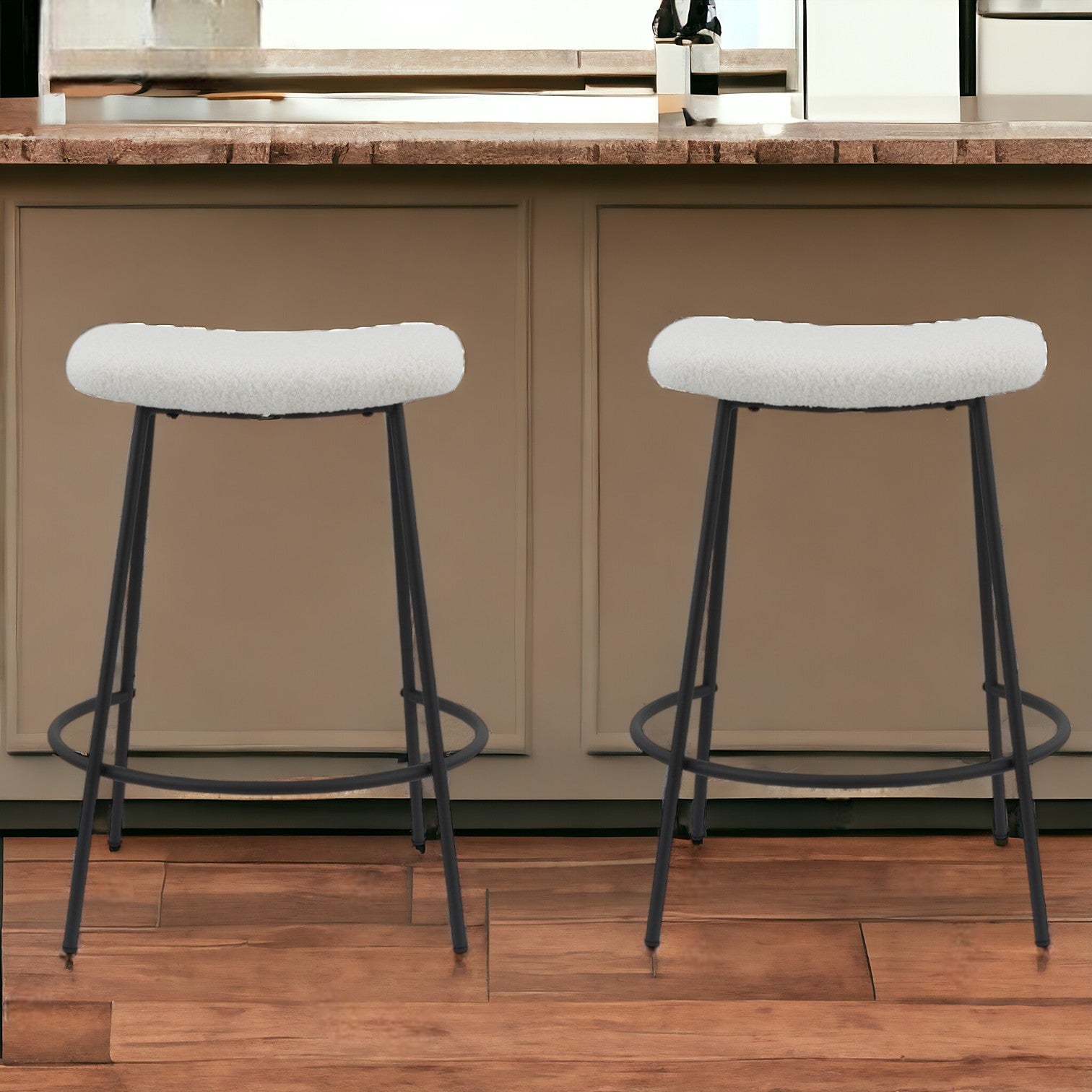 Set of Two 26" White And Black Faux Sherpa And Metal Backless Counter Height Bar Chairs