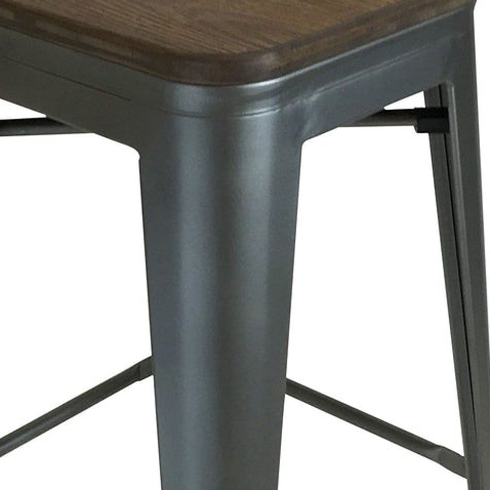 Set of Four 26" Brown And Gunmetal Wood And Metal Backless Counter Height Bar Chairs