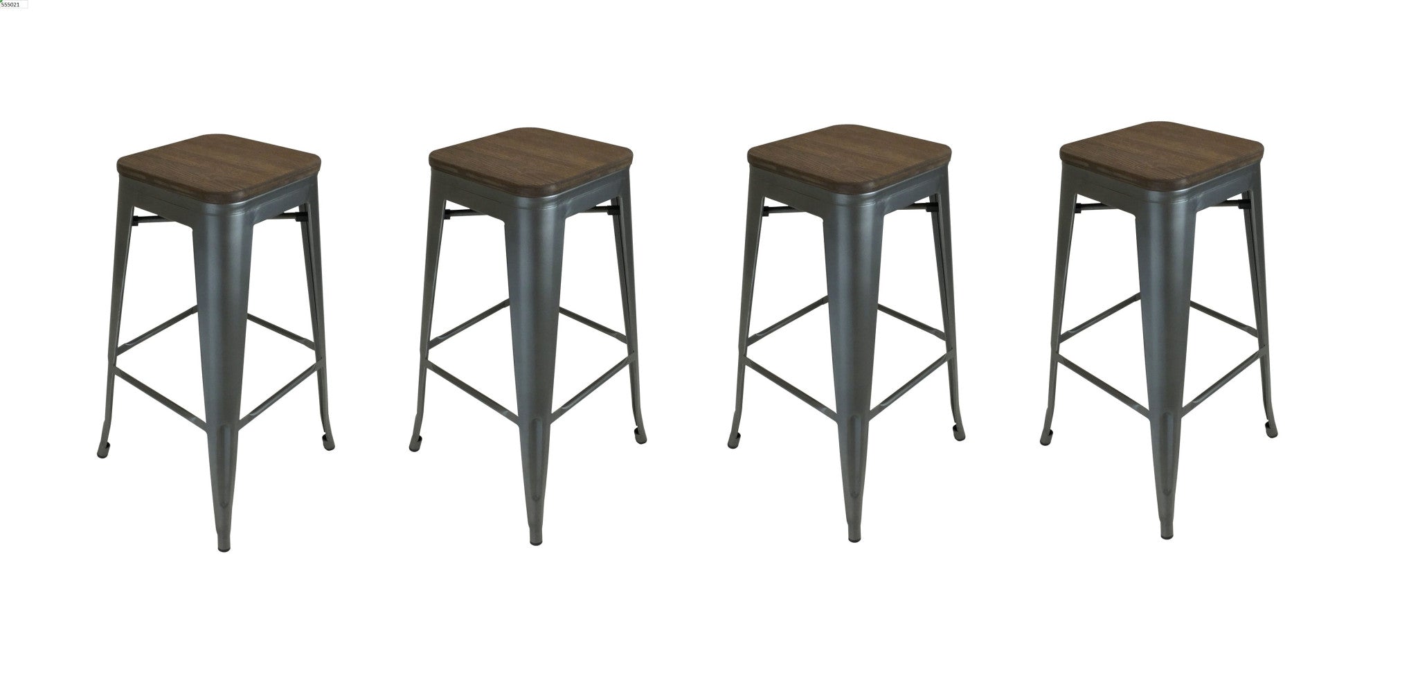 Set of Four 26" Brown And Gunmetal Wood And Metal Backless Counter Height Bar Chairs