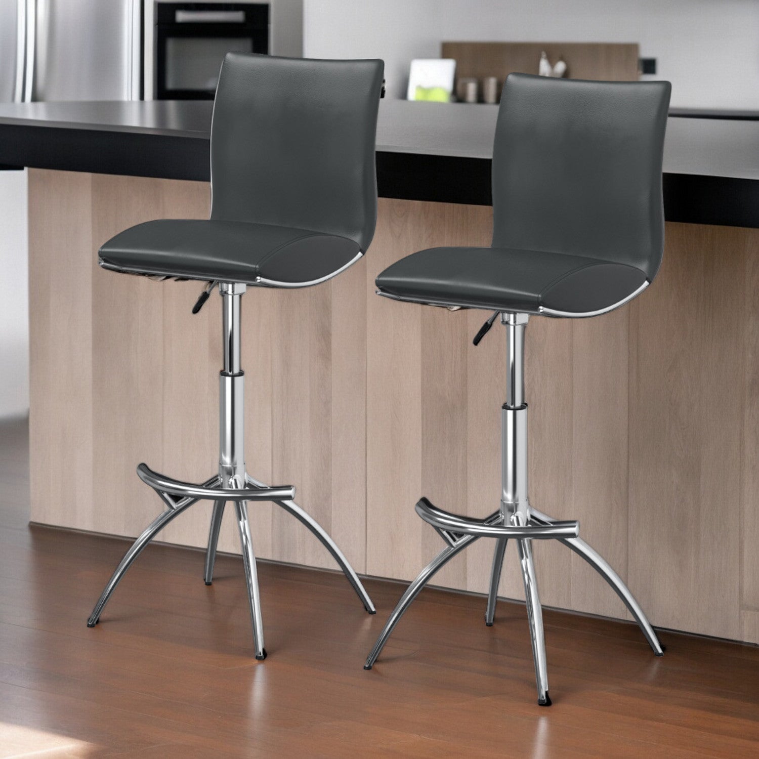 Set of Two Gray And Silver Faux Leather And Metal Low Back Adjustable Height Bar Chairs