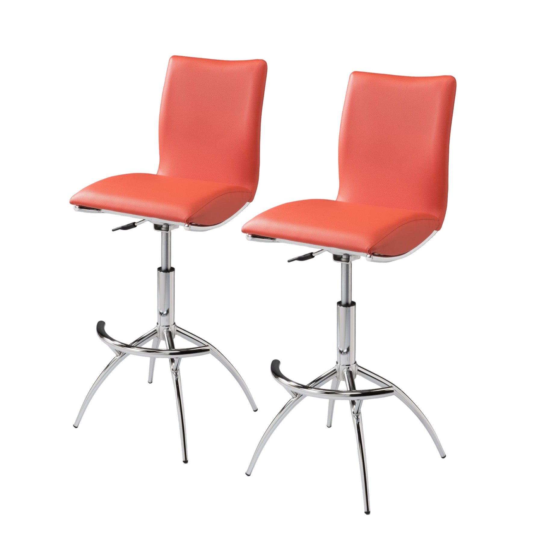 Set of Two Orange And Silver Faux Leather And Metal Low Back Adjustable Height Bar Chairs