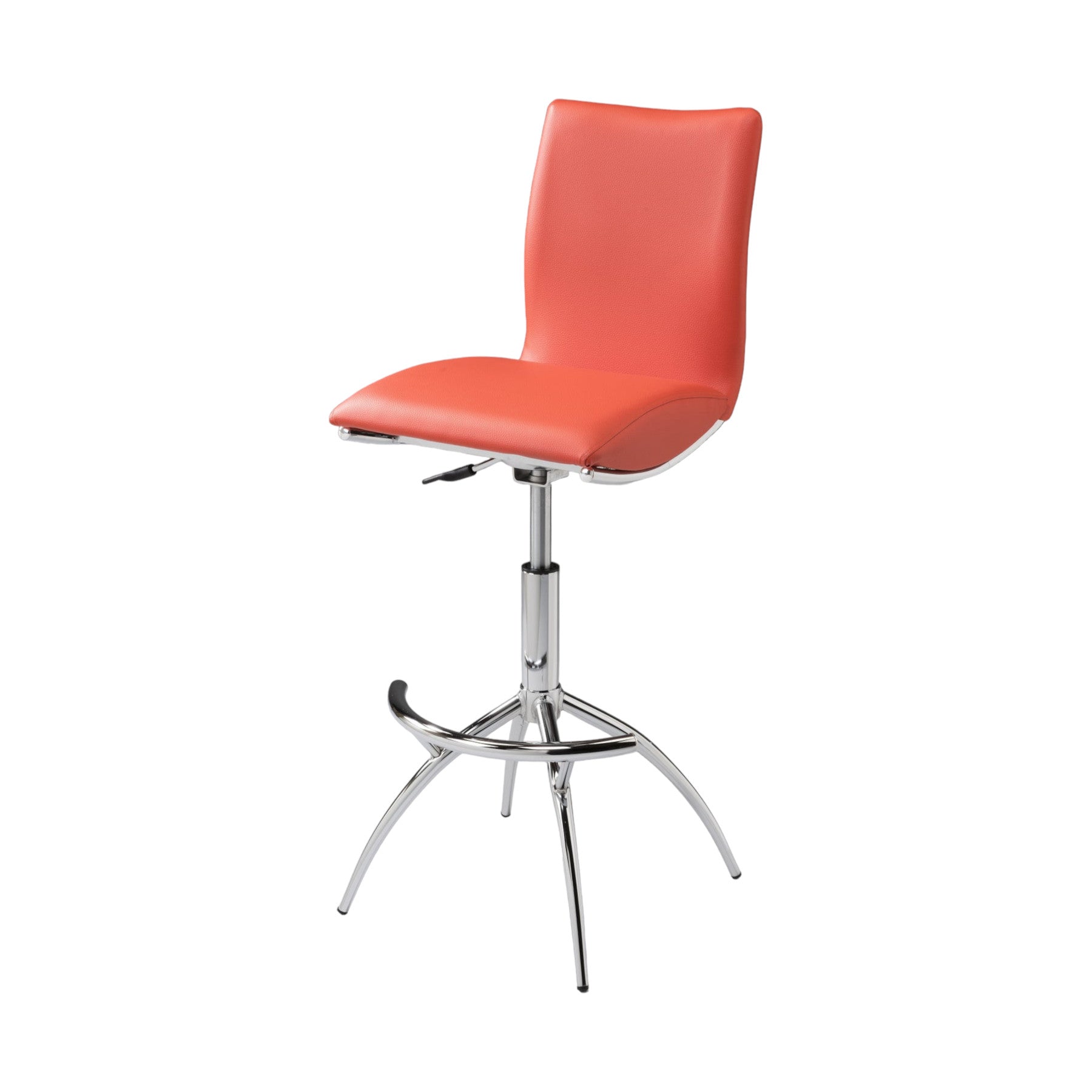 Set of Two Orange And Silver Faux Leather And Metal Low Back Adjustable Height Bar Chairs