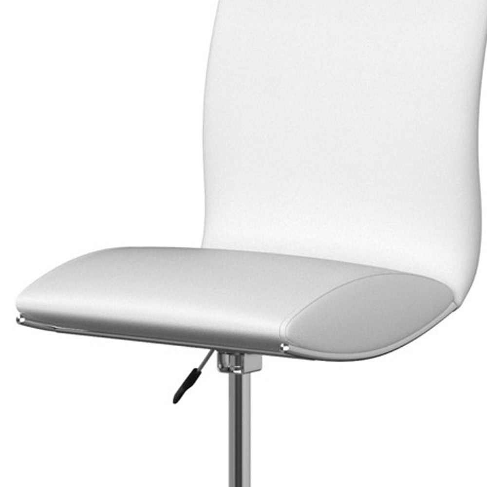 Set of Two White And Silver Faux Leather And Metal Low Back Adjustable Height Bar Chairs