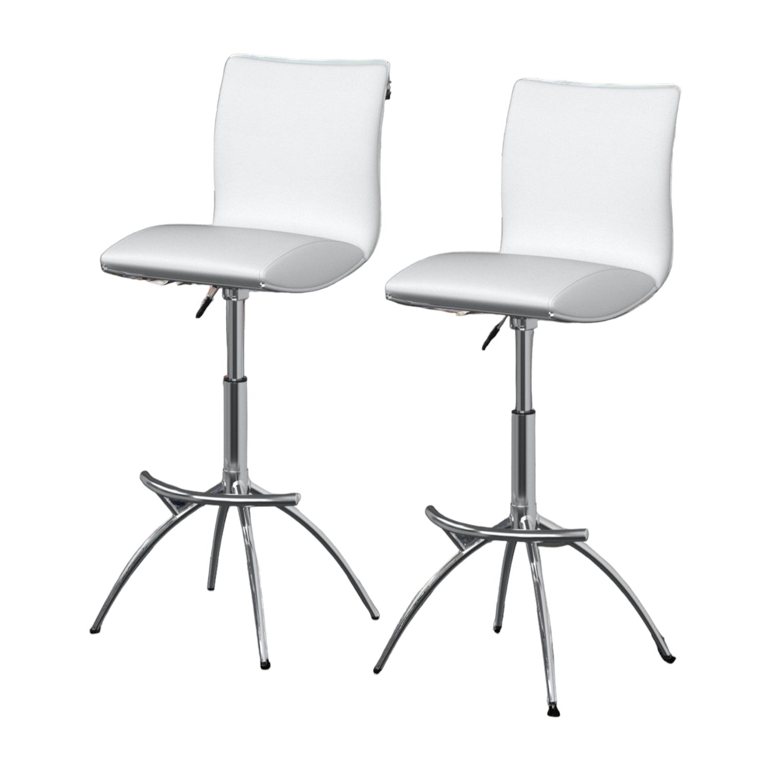 Set of Two White And Silver Faux Leather And Metal Low Back Adjustable Height Bar Chairs