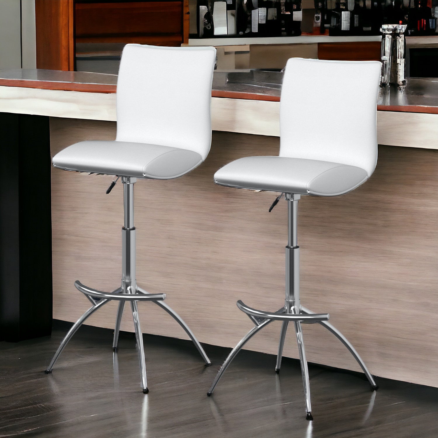 Set of Two White And Silver Faux Leather And Metal Low Back Adjustable Height Bar Chairs