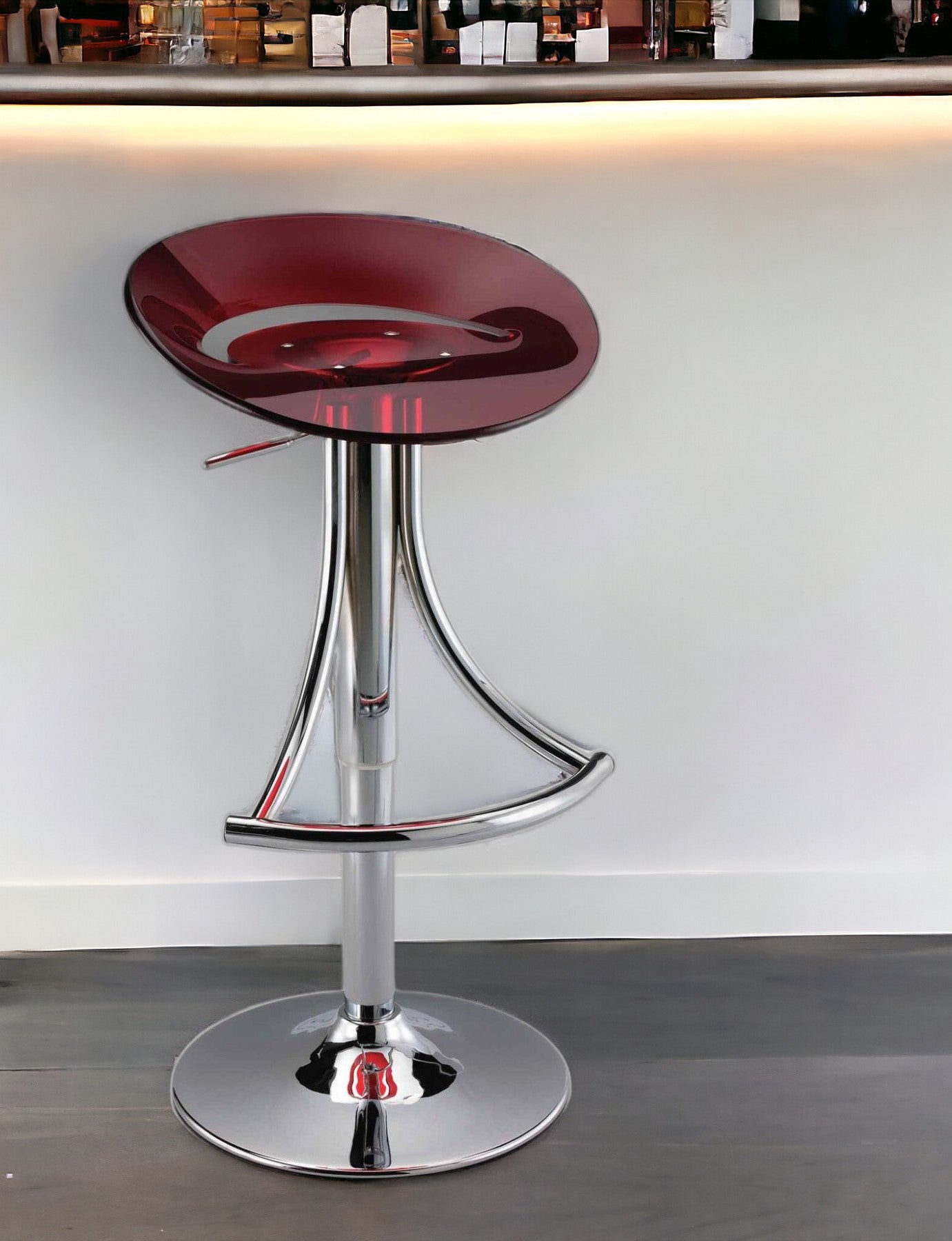 Red And Silver Acrylic And Metal Low Back Adjustable Height Bar Chair