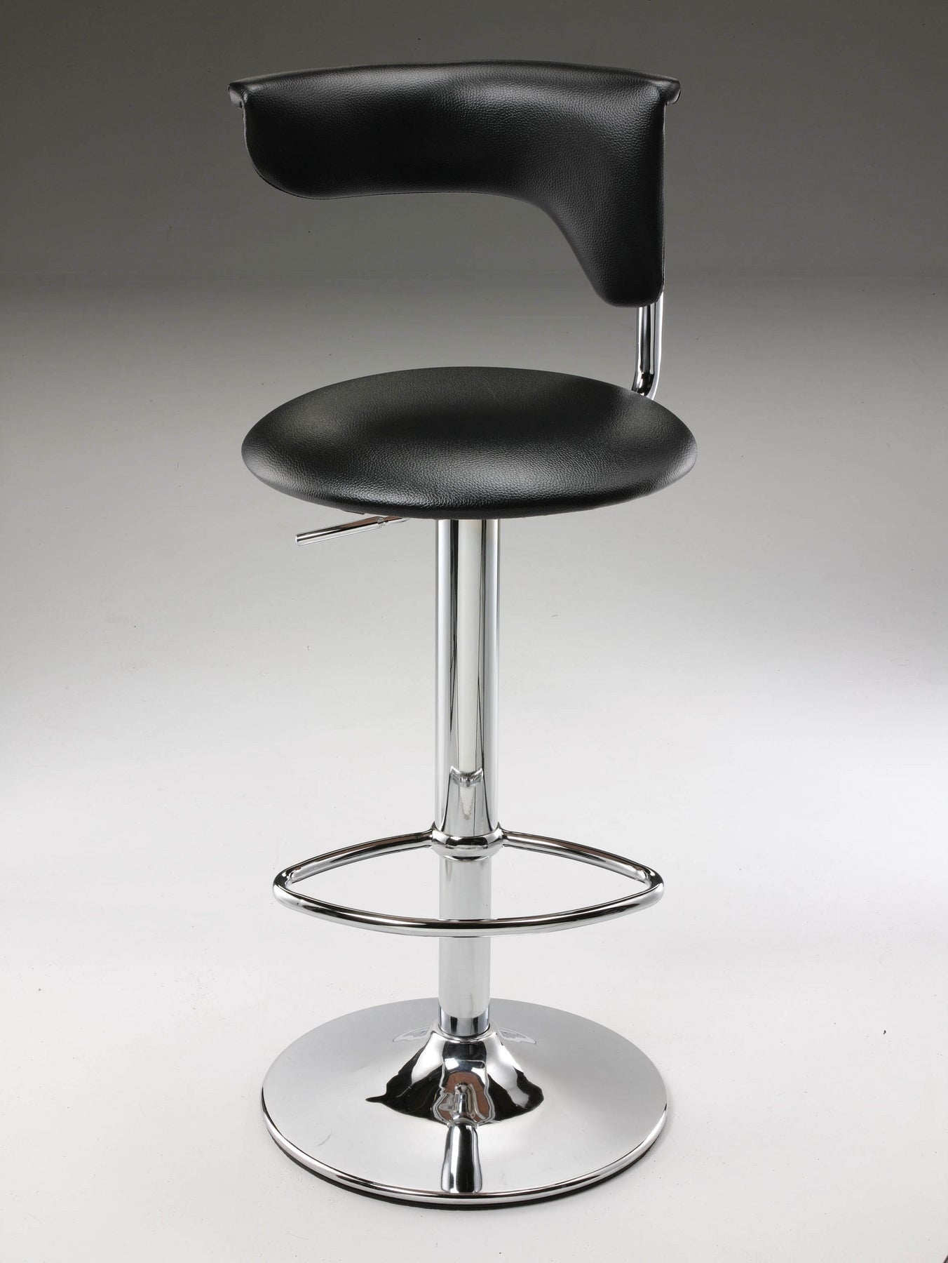 Black And Silver Faux Leather And Metal Low Back Adjustable Height Bar Chair