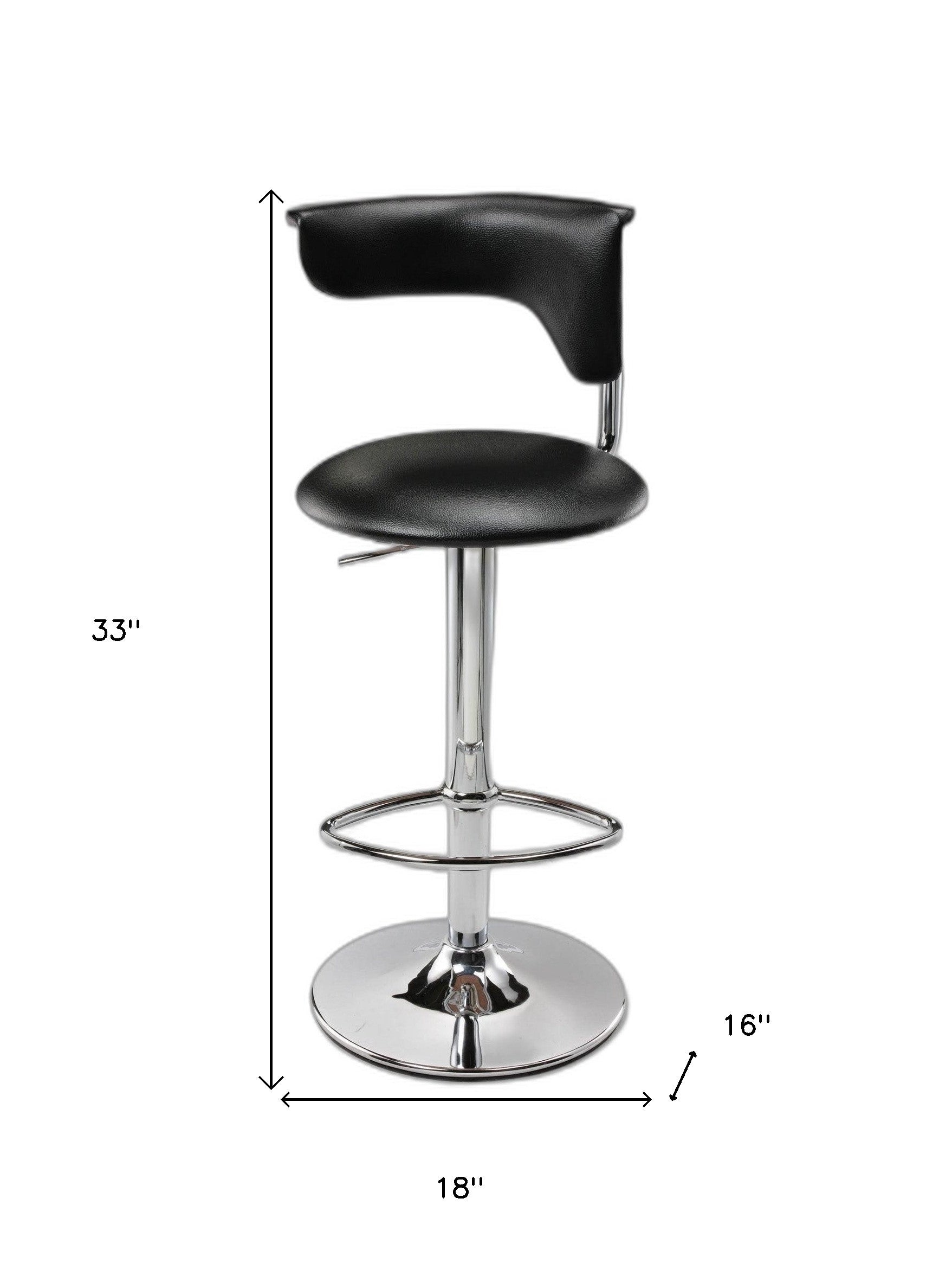 Black And Silver Faux Leather And Metal Low Back Adjustable Height Bar Chair