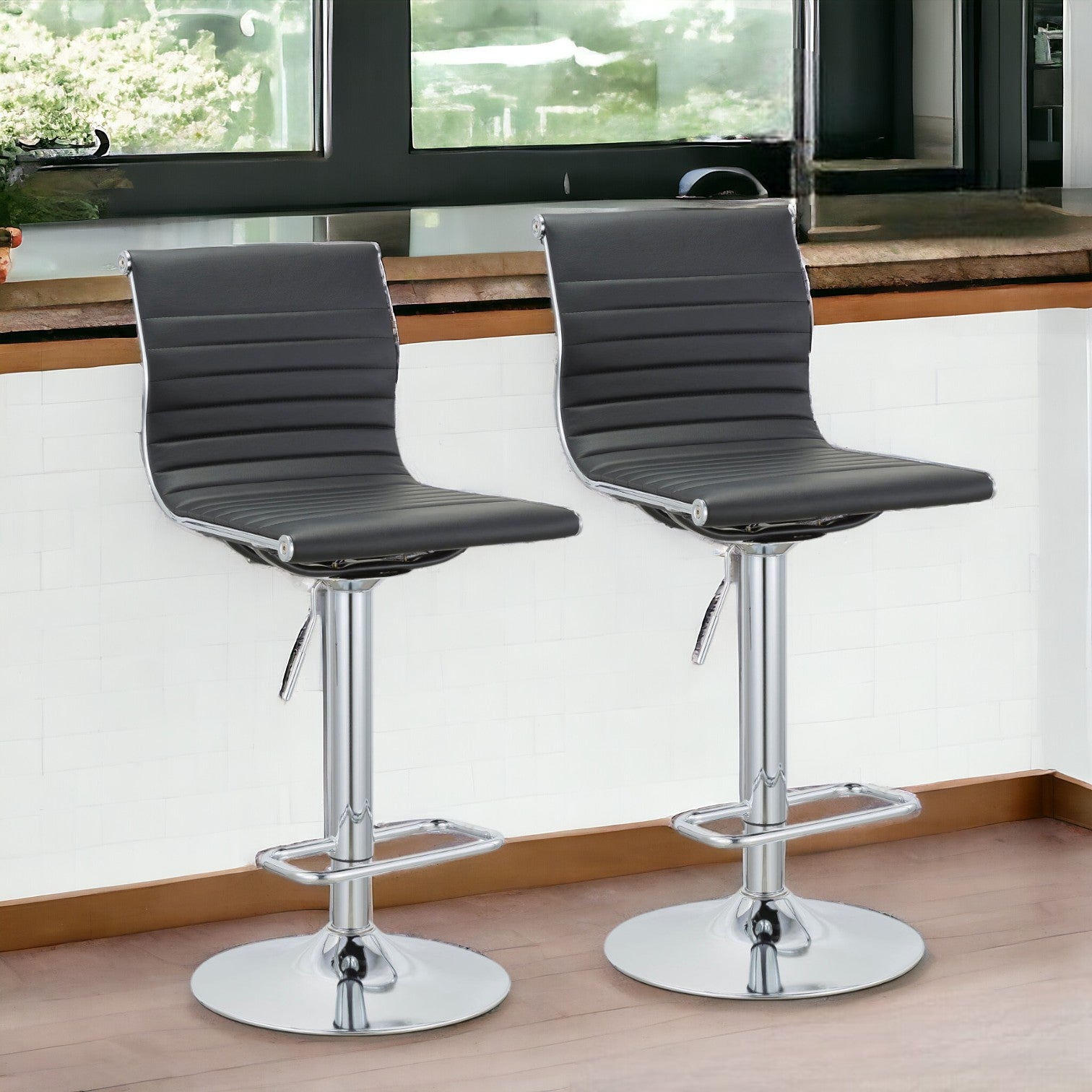 Set of Two Black And Silver Faux Leather And Metal Low Back Adjustable Height Bar Chairs