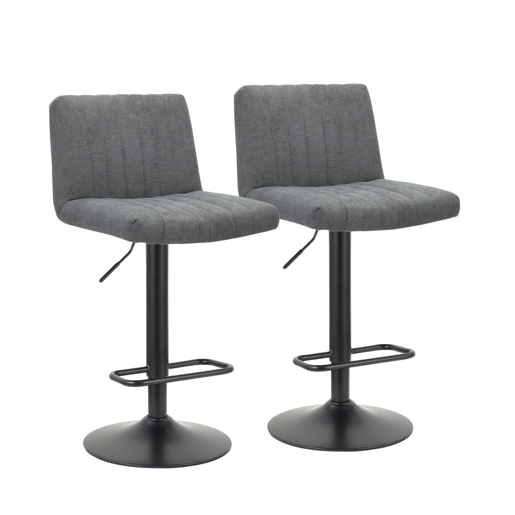 Set of Two Gray And Black Fabric And Metal Low Back Adjustable Height Bar Chairs