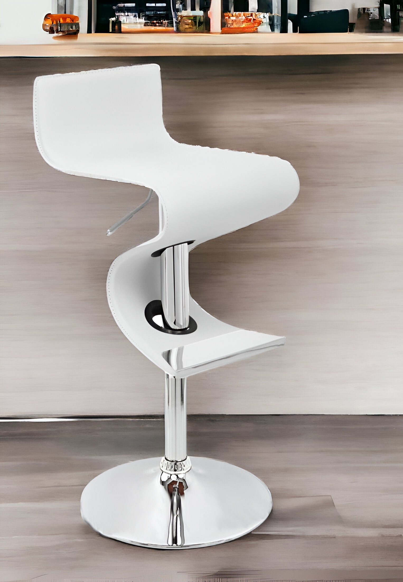 White And Silver Faux Leather And Metal Low Back Adjustable Height Bar Chair